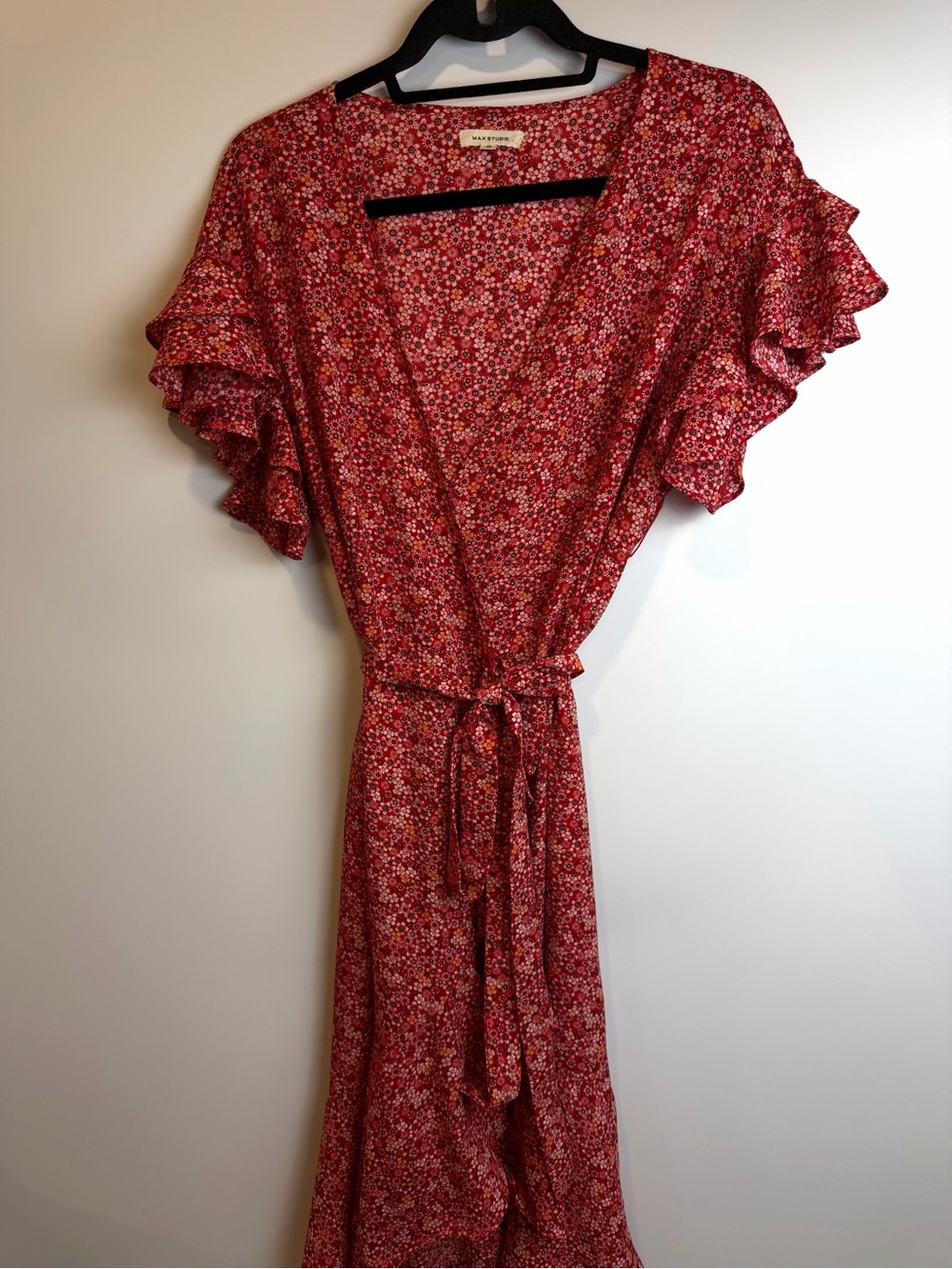 Max Studio Red Floral Ditsy Print Wrap Dress Ruffle Sleeve Tie Waist Women M